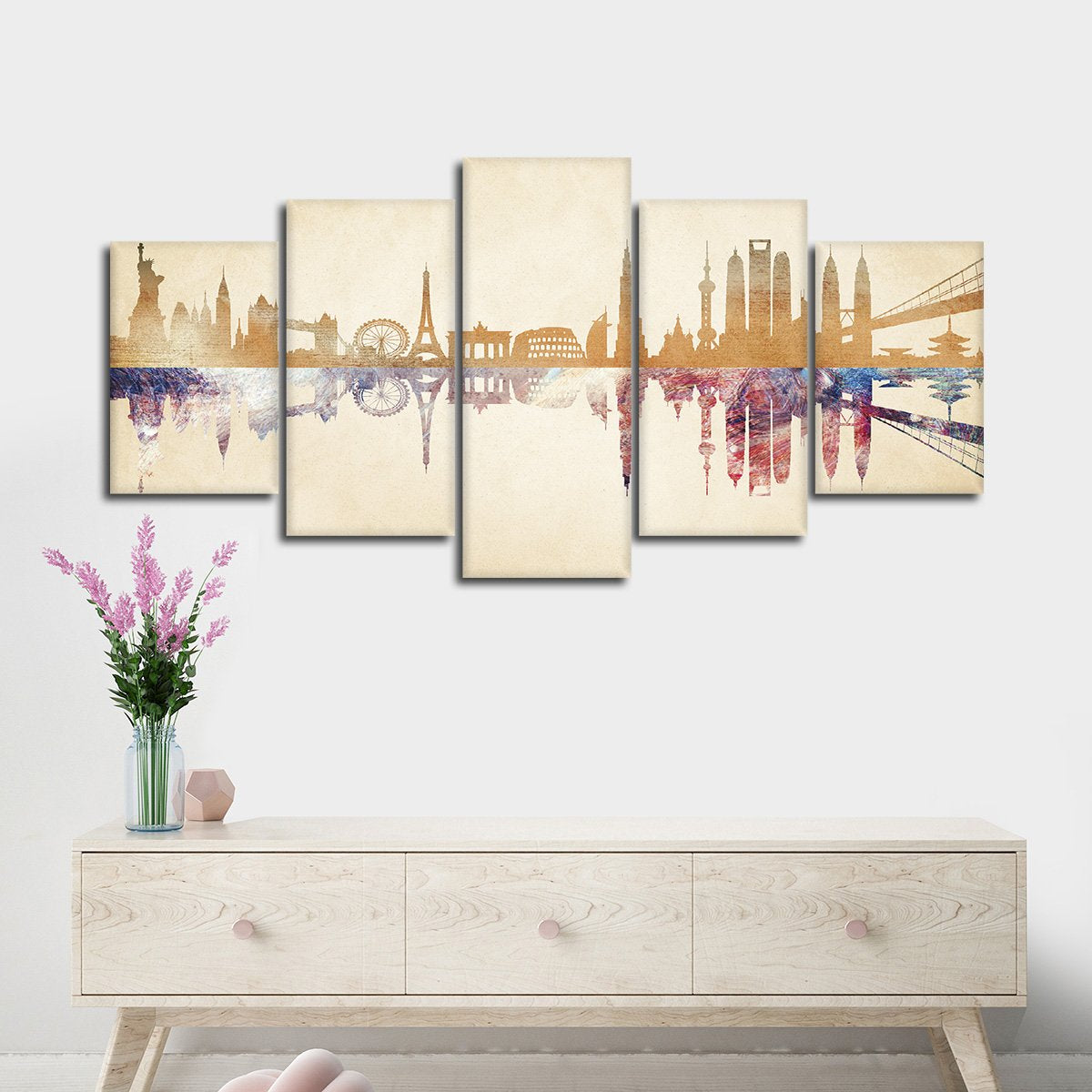 World Landmarks Reflection Multi Panel Canvas Wall Art