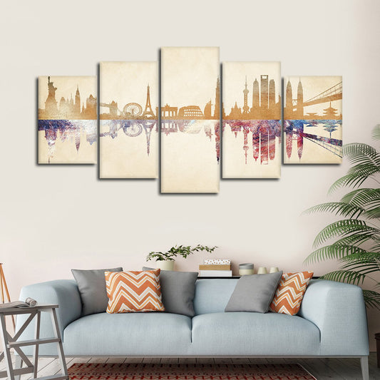 World Landmarks Reflection Multi Panel Canvas Wall Art