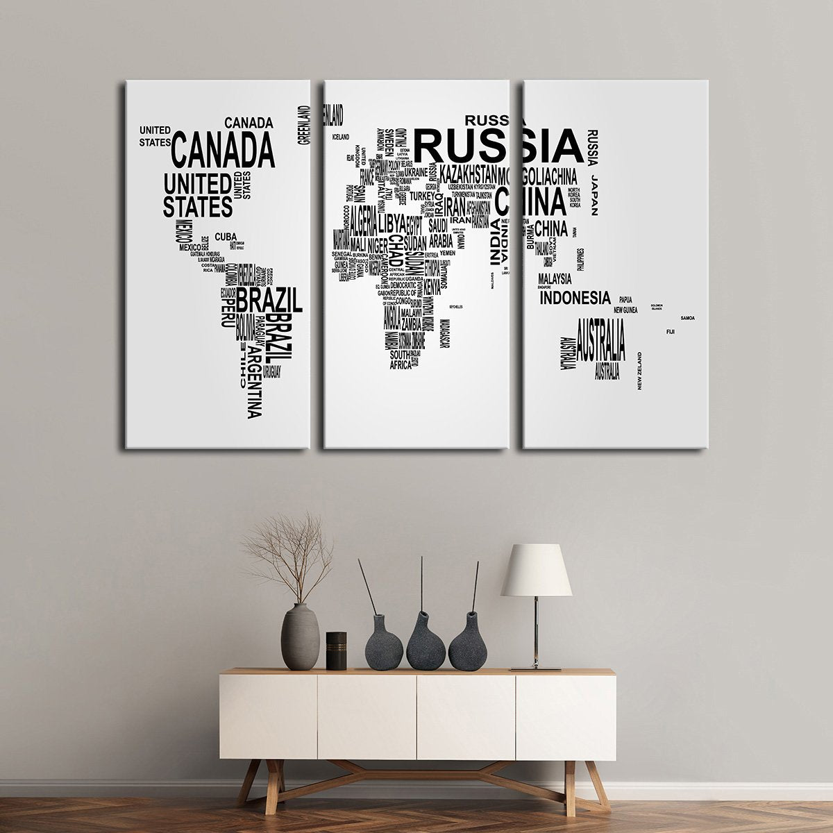 World Typography Map Multi Panel Canvas Wall Art