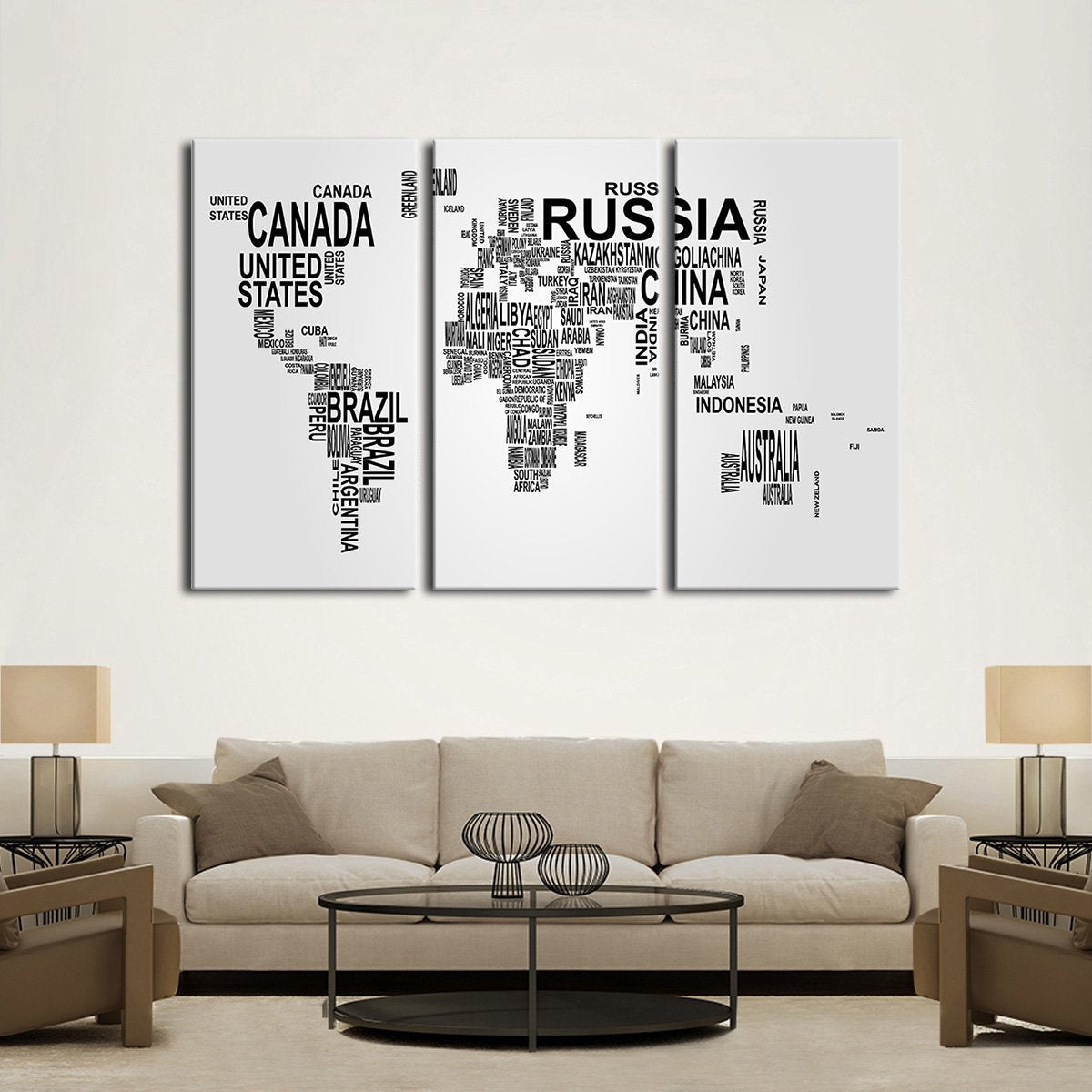 World Typography Map Multi Panel Canvas Wall Art