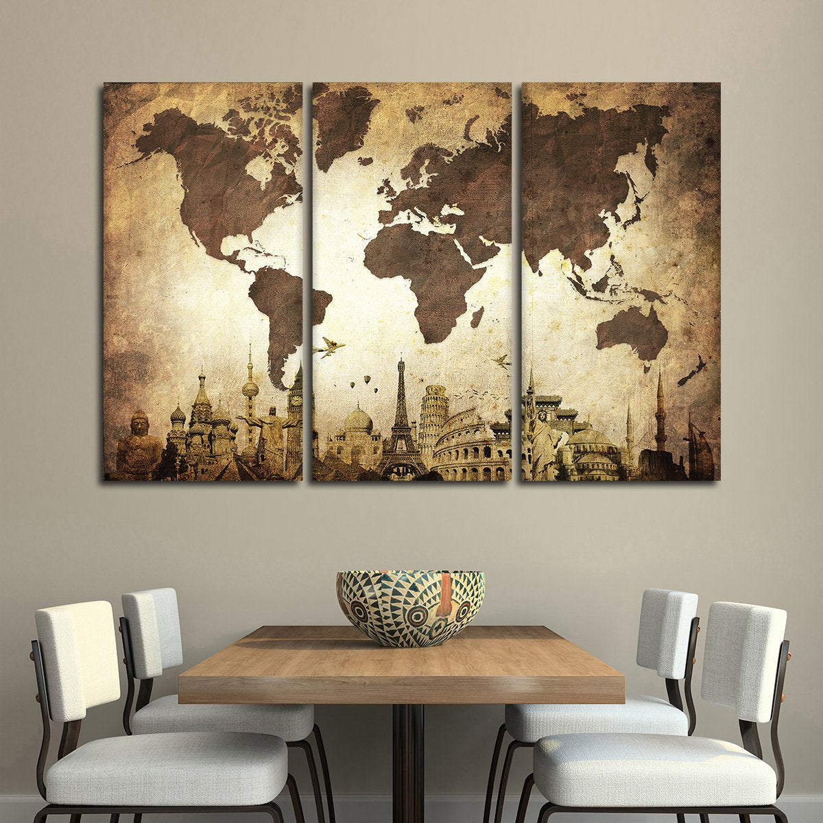 Wrinkled Vintage World Map Masterpiece Multi Panel Canvas Wall Art